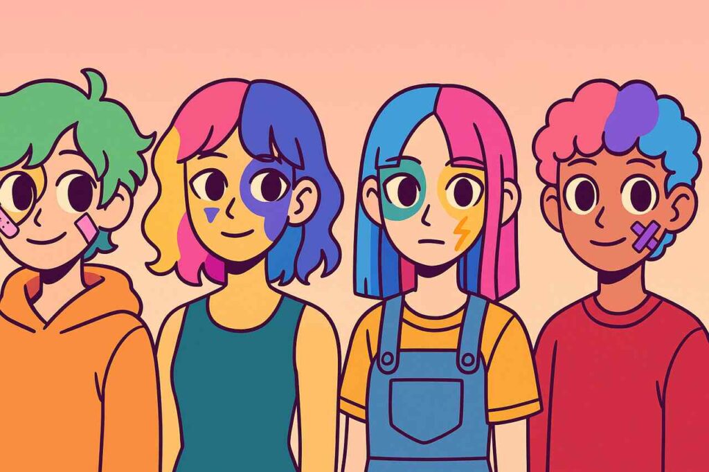 Broken Colors-style Picrew OCs with colorful hair and gradient background.