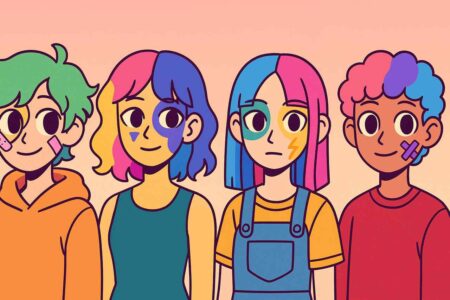 Broken Colors-style Picrew OCs with colorful hair and gradient background.