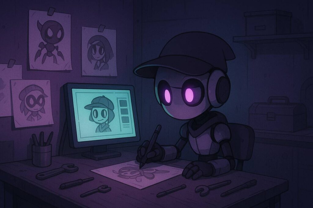 Robot designer at a purple-teal workshop crafting a Murder Drones OC.