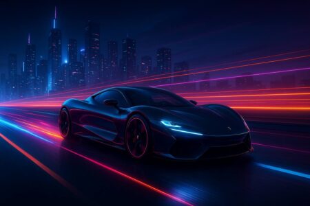 Fastest electric hypercar racing 2025 with futuristic city backdrop
