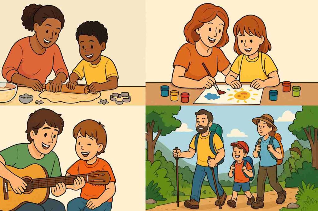 Creative activities with kids including baking, painting, playing guitar, and hiking outdoors.