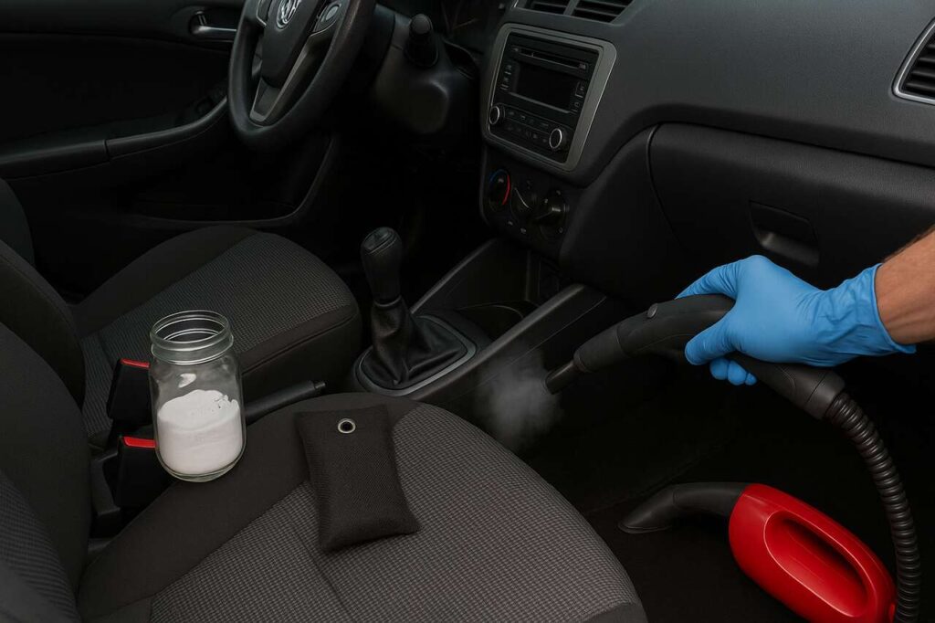 Removing cigarette smell from car using deep cleaning and odor-eliminating tools.
