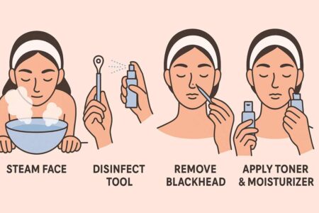 Step-by-step guide for safe blackhead removal using a skincare tool.