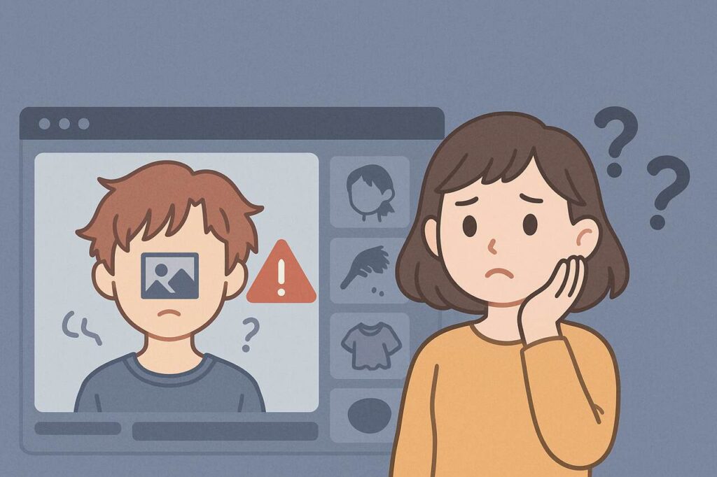 Frustrated user facing Picrew errors with broken avatar elements and error signs.
