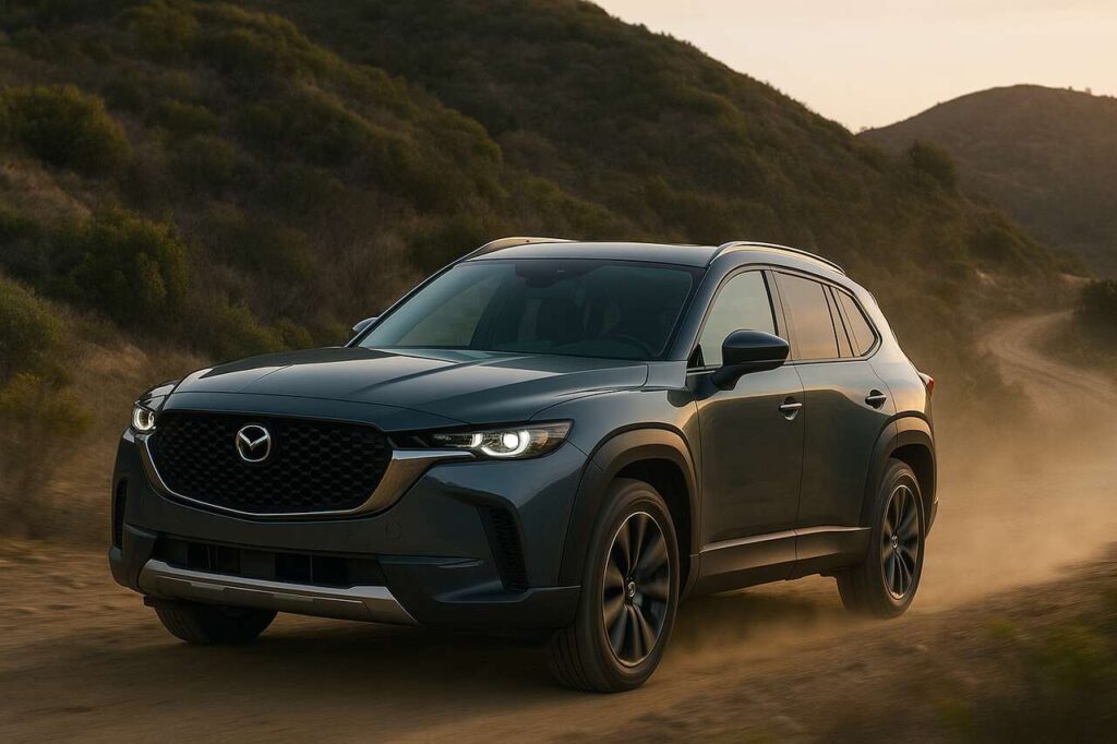 Mazda CX-50 driving off-road, highlighting hybrid SUV design and premium features.