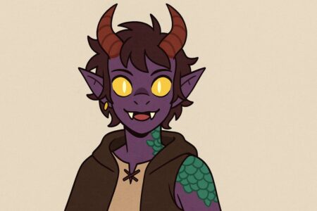 Cartoon monster OC with purple skin, horns, and glowing eyes in fantasy attire.