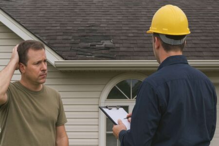 Home roof being repaired with tools and shingles visible