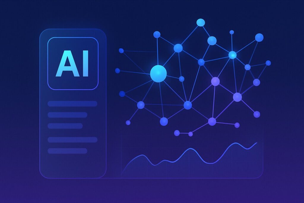 Futuristic AI dashboard with node graph and data visualization.