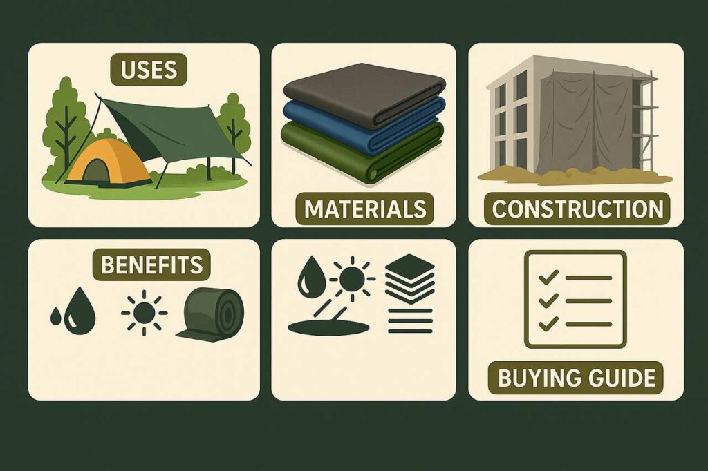 Tarnplanen tarps displayed with usage tips, materials, and buying guide.