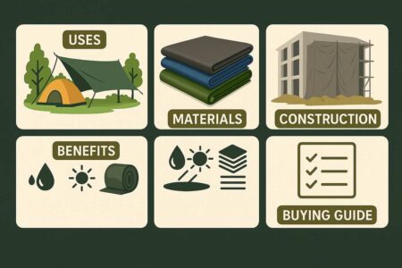 Tarnplanen tarps displayed with usage tips, materials, and buying guide.