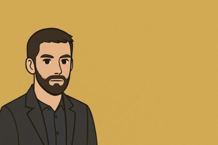 Stylish male Picrew-style avatar with beard on mustard background