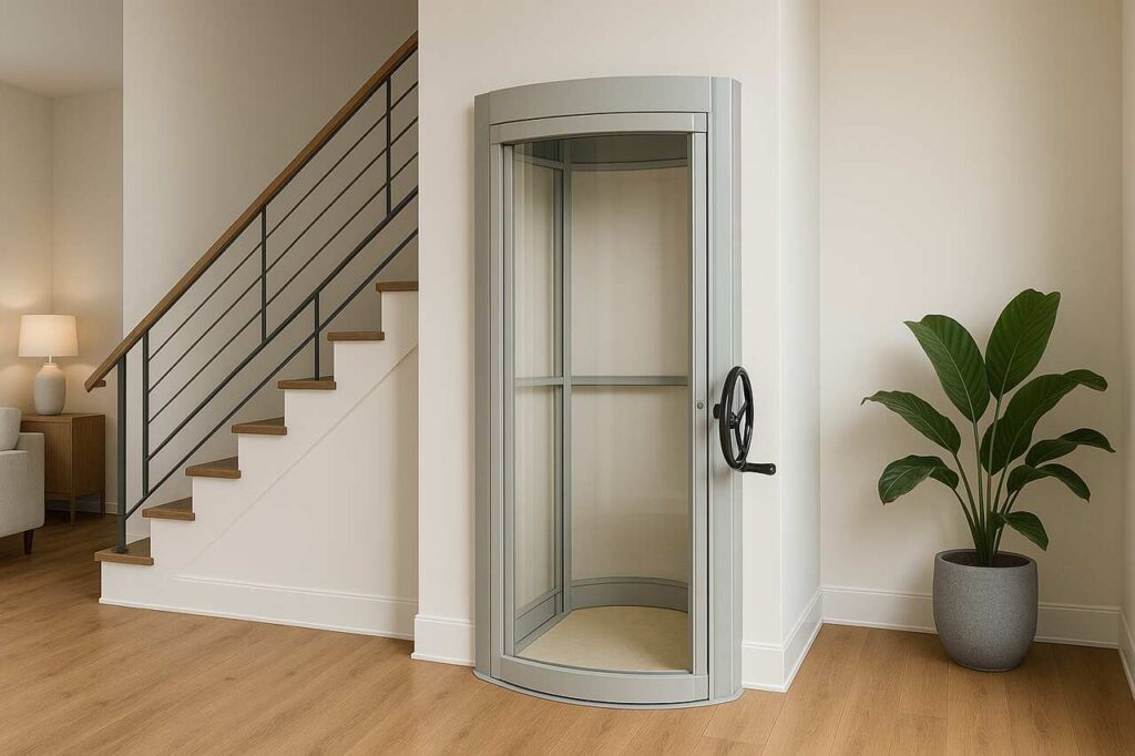 Hand-operated home elevator beside modern staircase