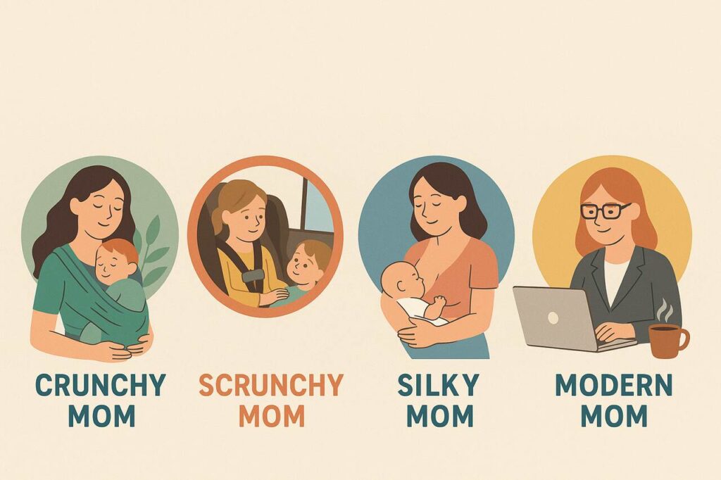 Infographic showing Crunchy, Scrunchy, Silky, and Modern Moms with kids in different parenting scenarios.