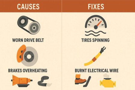 Infographic showing causes and fixes for burning rubber smell in cars.