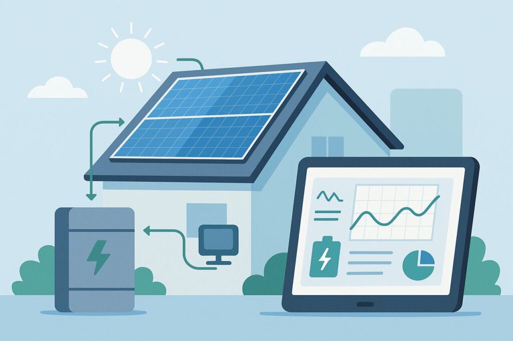 Hybrid solar PV system with monitoring and battery storage.