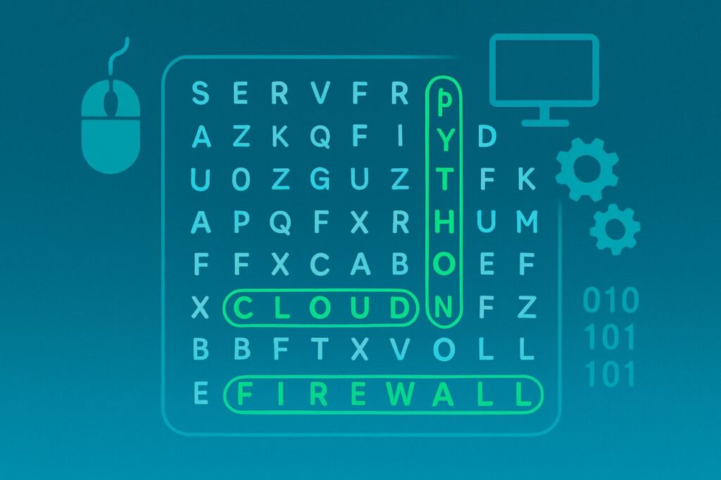 Tech-themed word search puzzle with highlighted IT terms.