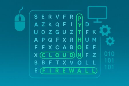 Tech-themed word search puzzle with highlighted IT terms.