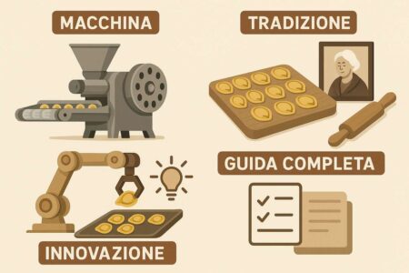 Tortellinatrice moderna accanto a tortellini freschi e utensili tradizionali.