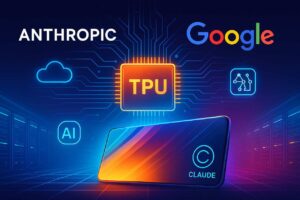 Anthropic and Google logos with glowing TPU chips and AI data visuals.