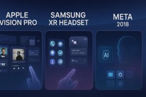 Apple, Samsung, and Meta XR interfaces shown side-by-side in a virtual UI comparison.
