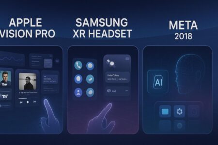 Apple, Samsung, and Meta XR interfaces shown side-by-side in a virtual UI comparison.