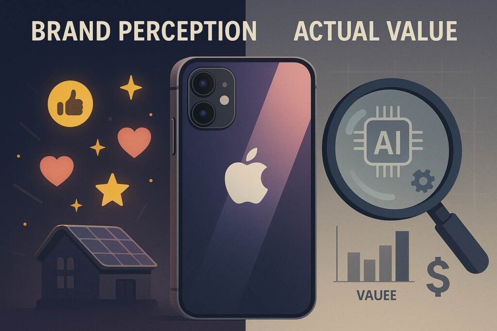 iPhone Brand Perception vs. Actual Value: Are Apple Devices Overrated? iPhone centered between brand hype symbols and actual value breakdown with icons.