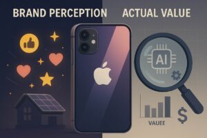 iPhone centered between brand hype symbols and actual value breakdown with icons.