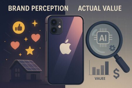 iPhone centered between brand hype symbols and actual value breakdown with icons.