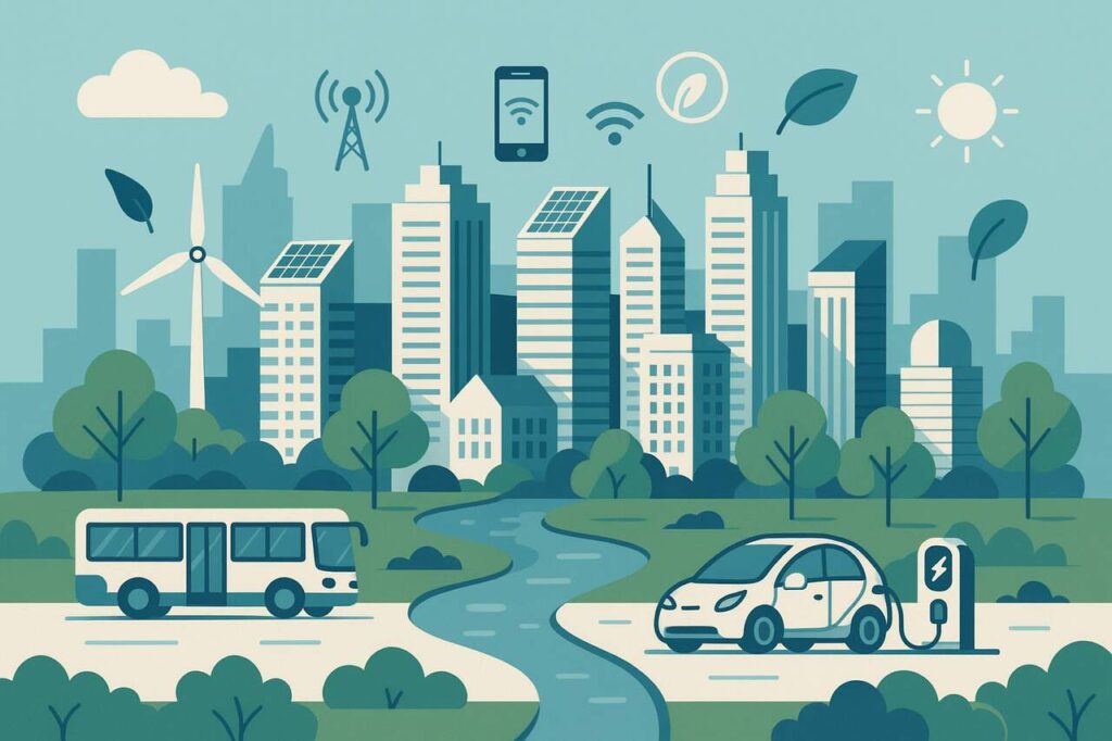 Futuristic smart city with green spaces and sustainable tech.