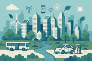 Futuristic smart city with green spaces and sustainable tech.