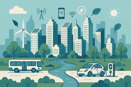Futuristic smart city with green spaces and sustainable tech.