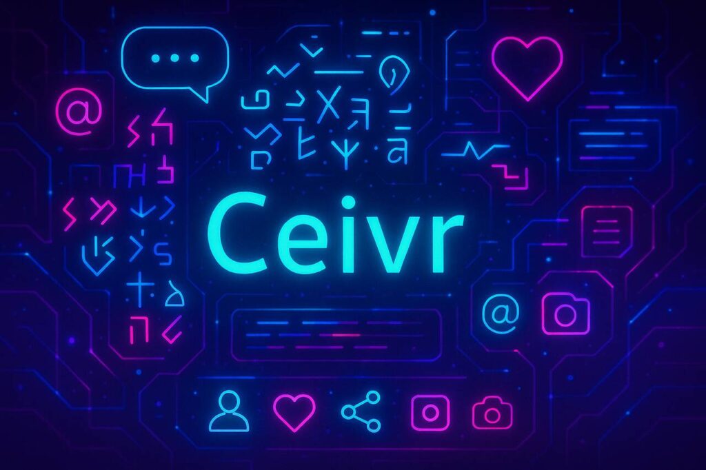 Ceıvır digital concept with neon symbols and futuristic interface.