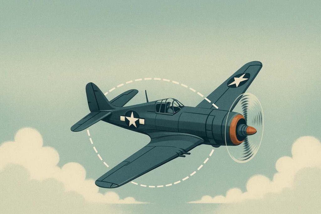 Vintage fighter plane mid-barrel roll in a stylized sky.