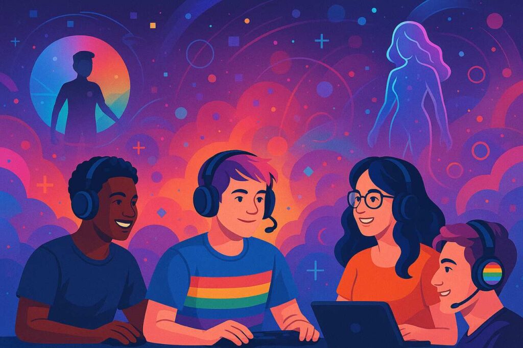 Inclusive LGBTQ+ gamers in a vibrant digital gaming world.