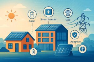 Hybrid solar systems powering a home, business, and grid with smart energy icons.