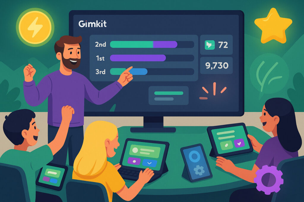 Gimkit game host with live leaderboard and students playing on devices.