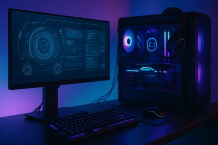 Futuristic gaming rig with holographic interface and RGB lighting setup.