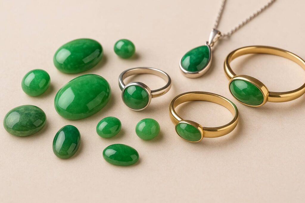 Jadeitový kameň: Properties, Meaning, Value, and Use in Jewelry Green jadeite stones and fine jewelry on neutral background.