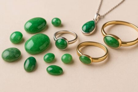 Green jadeite stones and fine jewelry on neutral background.