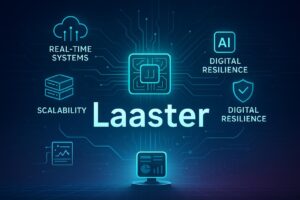 Laaster framework microchip linked to system, scalability, and resilience icons.
