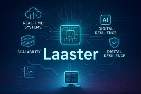 Laaster framework microchip linked to system, scalability, and resilience icons.