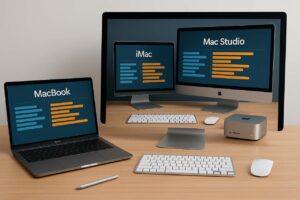Comparison of MacBook, iMac, and Mac Studio in a workspace.