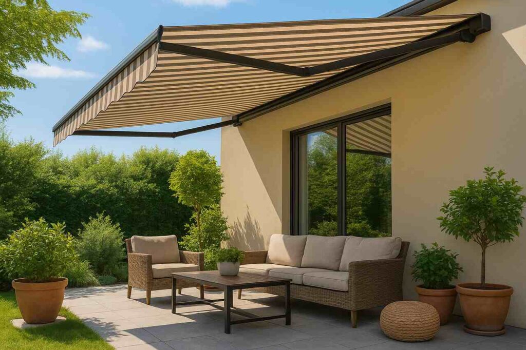 Modern patio with stylish striped markiseteppe awning.