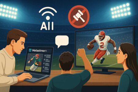 Group watching NFL via Metastream on laptop and TV with icons and stadium.