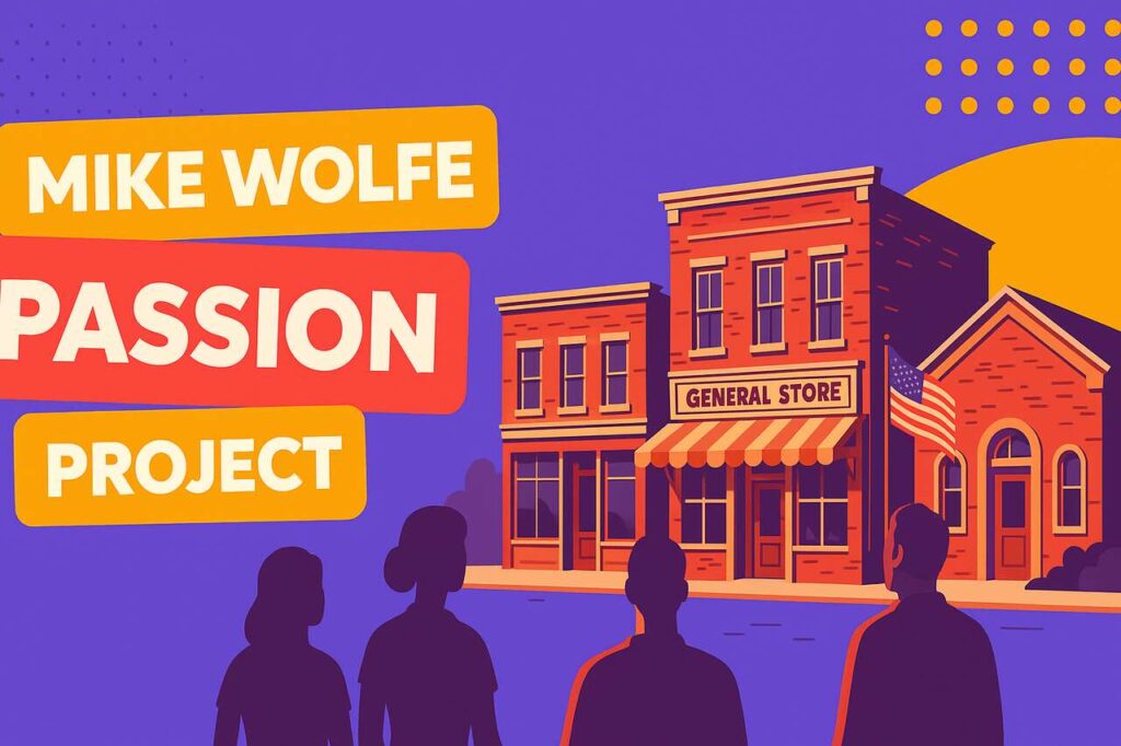 Mike Wolfe Passion Project: How He’s Reviving Small-Town America Through History & Community Bold illustrated banner showing restored small-town buildings and community.
