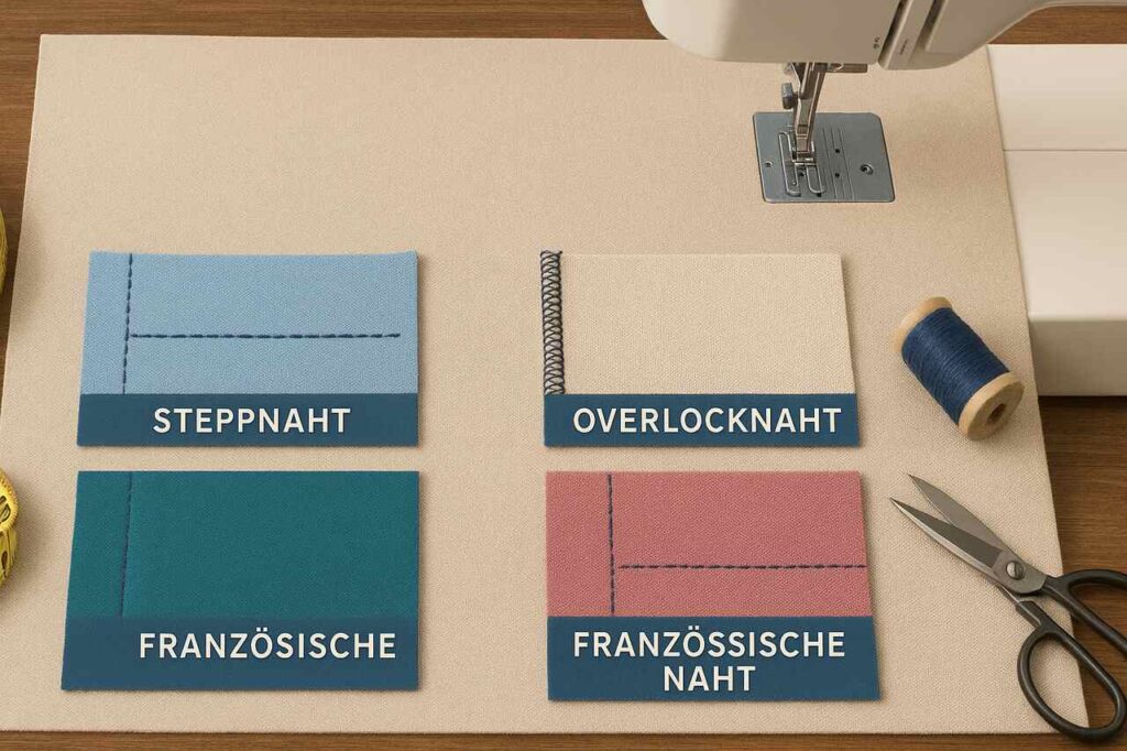 Nahttypen Explained A Complete Guide to Seam Types, Uses & Selection in Sewing Verschiedene Nahtarten auf Stoff in Nahaufnahme mit Nähzubehör.