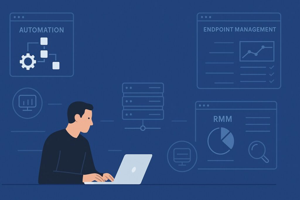 NinjaOne endpoint management, RMM, and IT automation guide illustration.