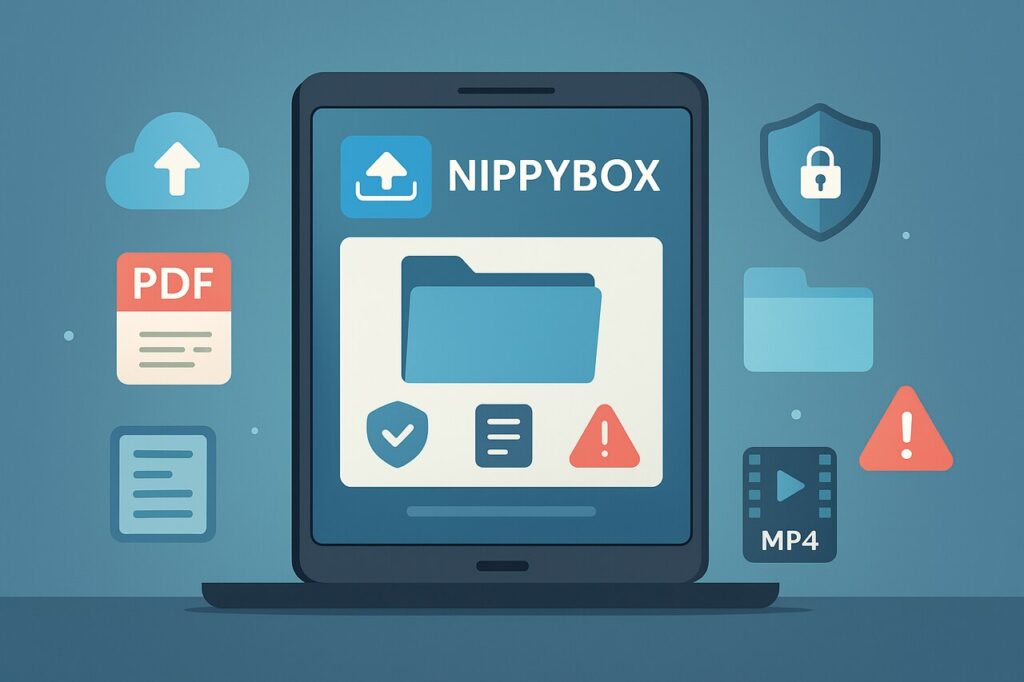 NippyBox cloud file platform with icons for security, storage, and risks.