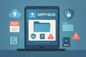 NippyBox cloud file platform with icons for security, storage, and risks.