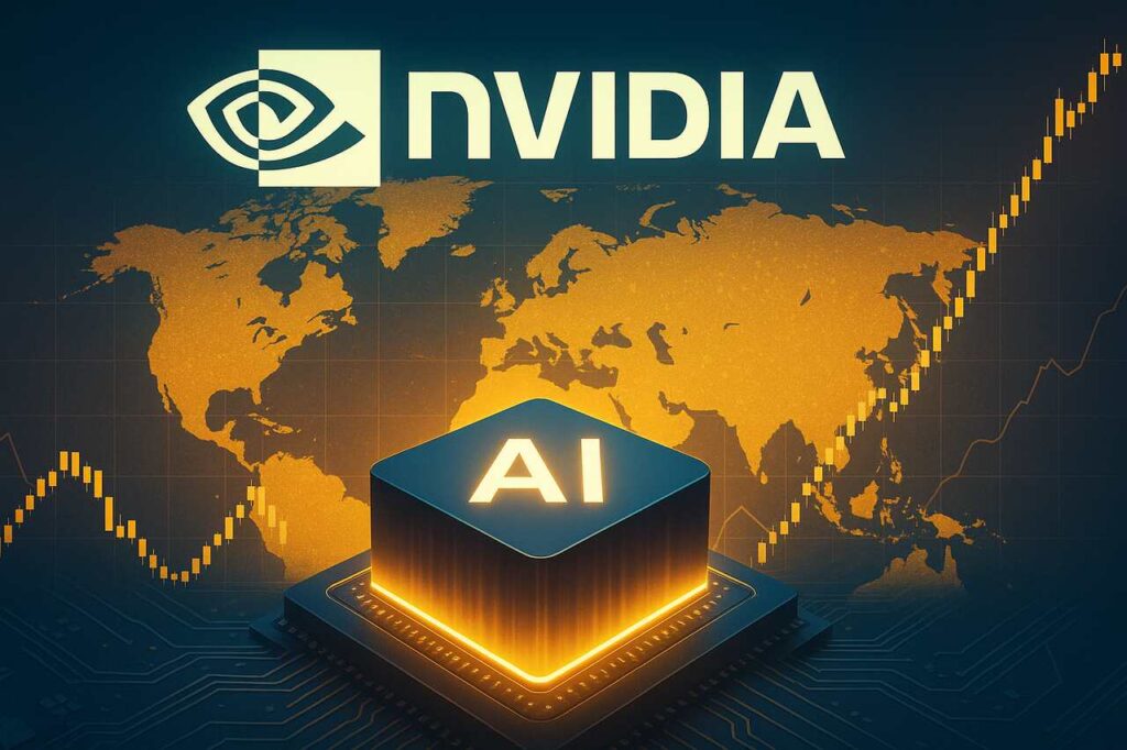 Nvidia Surpasses $5 Trillion Valuation: AI Chip Dominance Reshapes Global Tech Capital Glowing AI chip with Nvidia logo and global stock chart background.